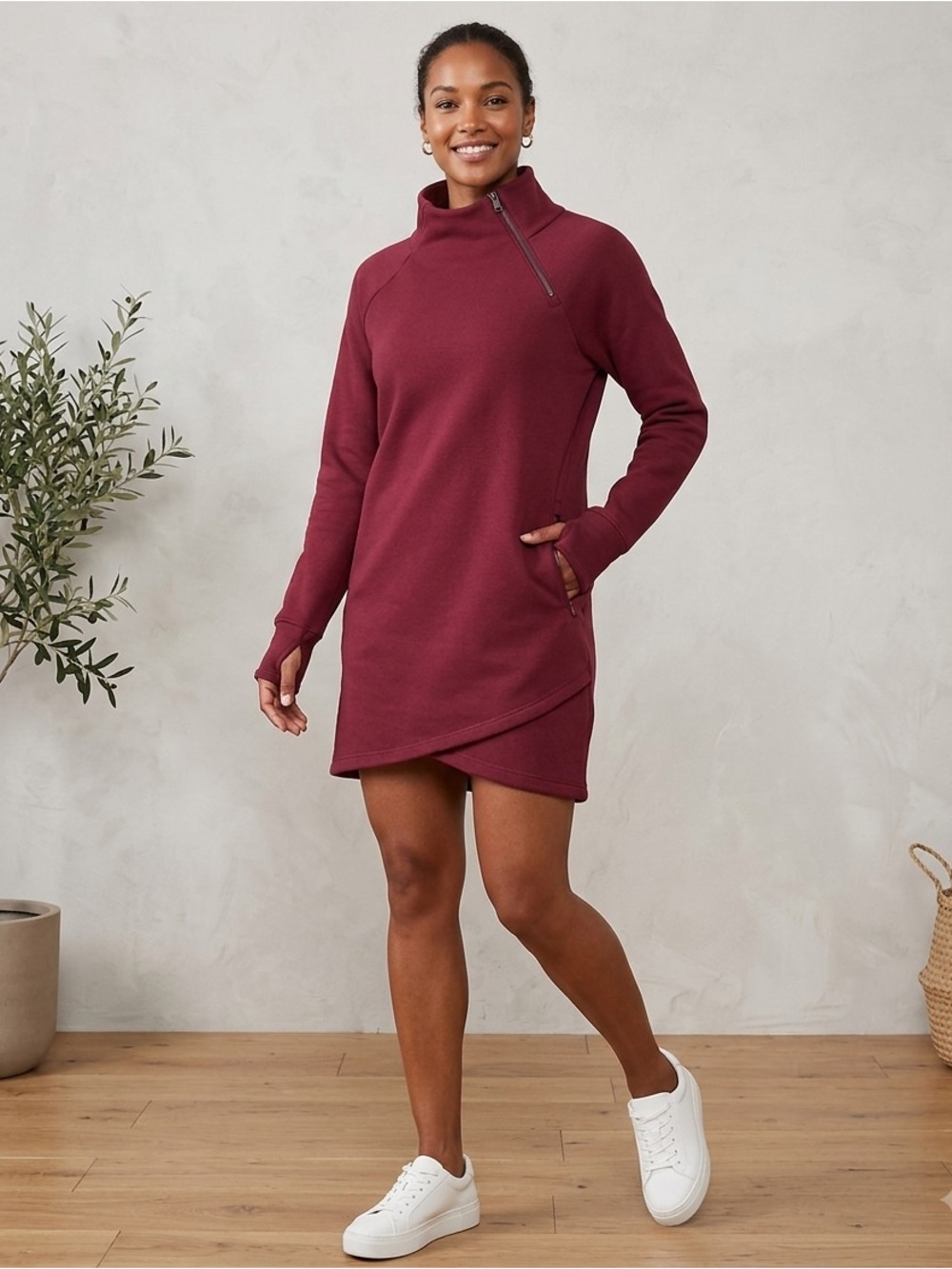 Athleta Cozy Karma Asym Sweatshirt Dress Medium Burgundy Red